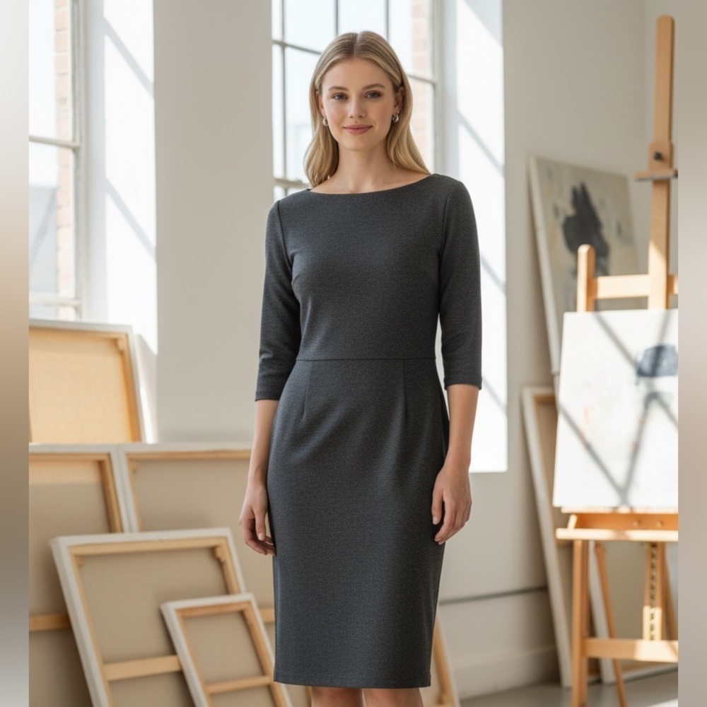 Pink Tartan Charcoal Midi Dress - Elevated Office Attire - Size L